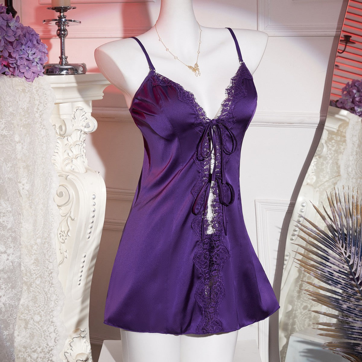 Sexy Lingerie, Sexy Lace Temptation Nightgown, Front Placket, Large Size Lace-Up Pajamas, Women's Uniform-Free Passion Suit