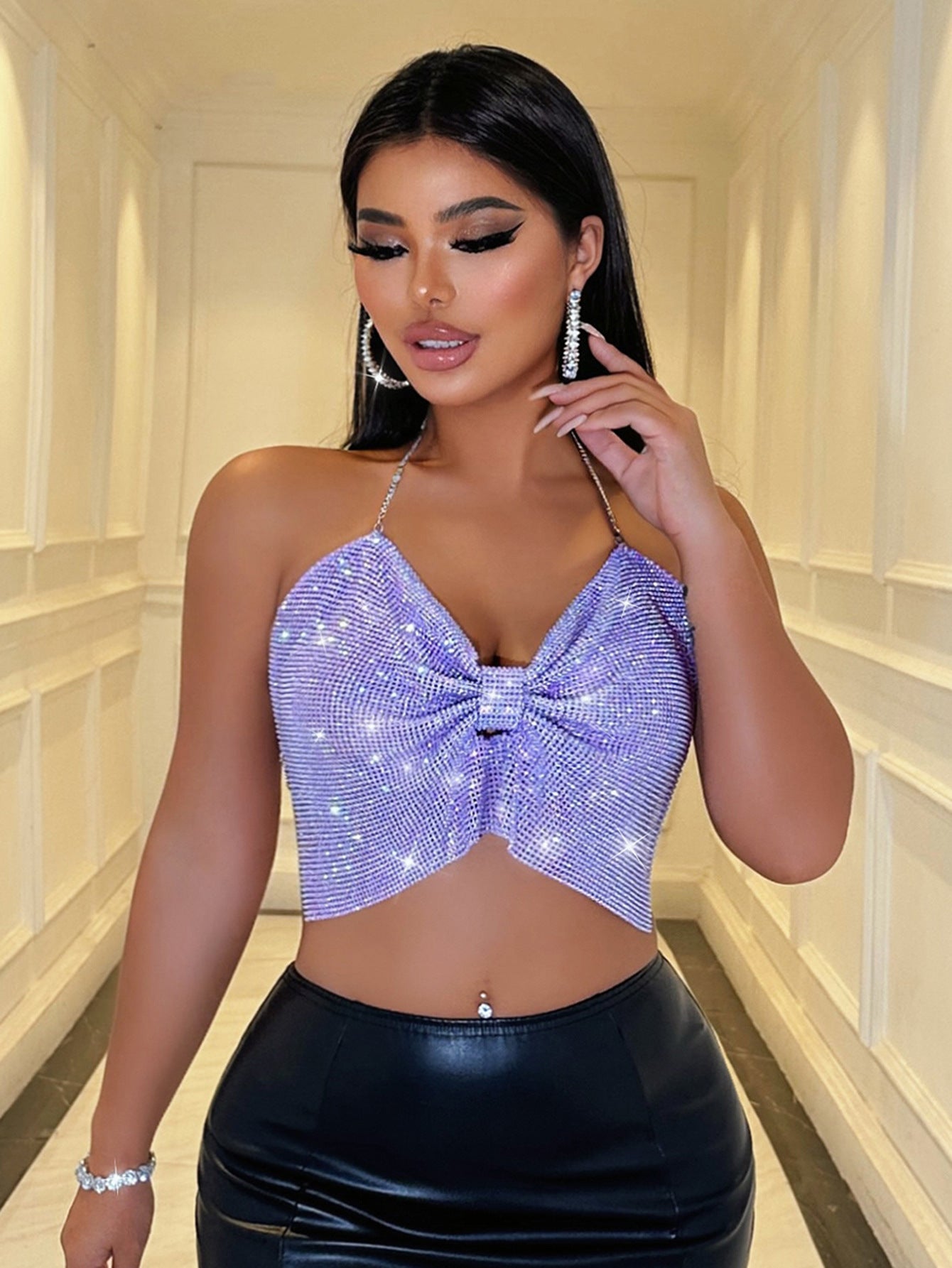 European and American Nightclub Cross-Border Halloween Sexy Nightclub Halter Backless Tube Top Metal Sequin Camisole Top