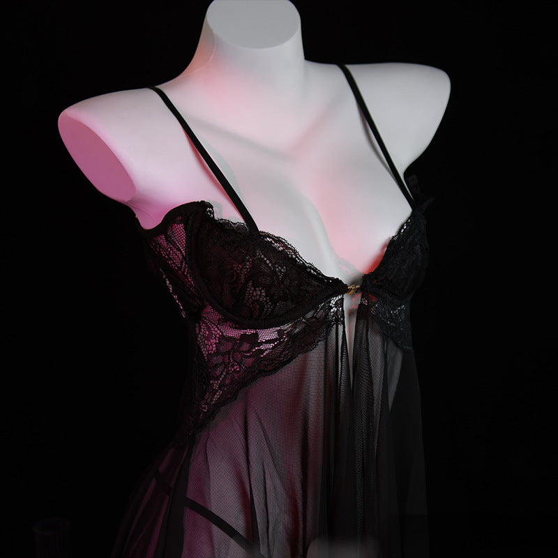 LS Sexy Lingerie Sexy Lace Temptation Nightgown Hot Transparent Open Nightgown No-Take-Off Nightgown 8021