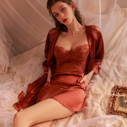 Ying French Lace Satin Sling Nightgown Sexy Deep V Temptation Pajamas Women's Home Clothes Set Customized by Manufacturers