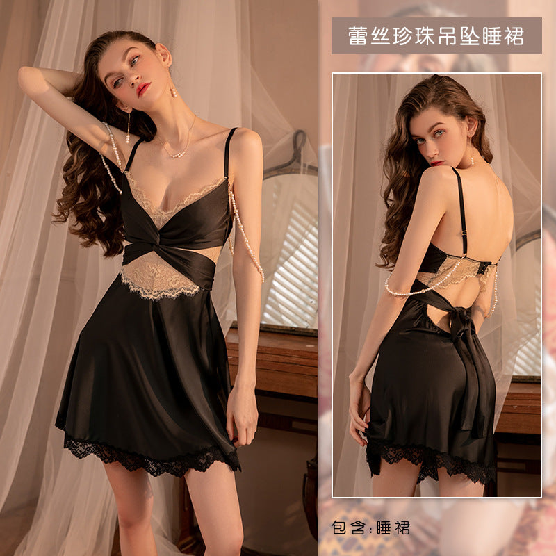 Ying women's home wear sexy pure desire plus size pajamas women's pearl lace satin couple suit factory direct sales