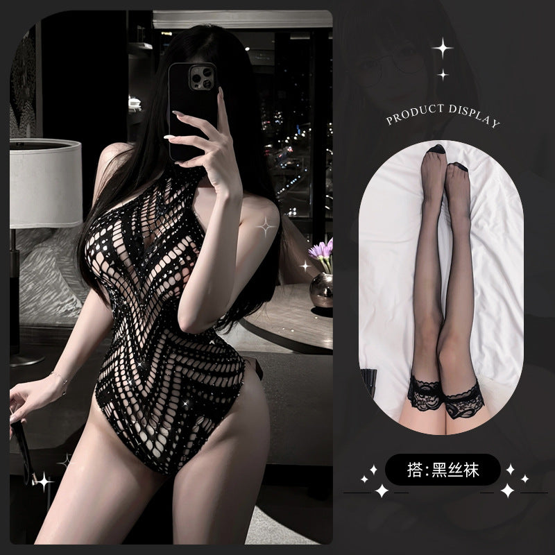 LS Sexy Lingerie See-Through Fishnet Stockings Sexy One-Piece Mesh Romper Internet Celebrity No-Take-Off Sexy Uniform Nightclub