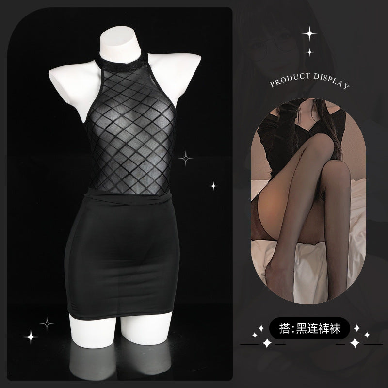 LS Sexy Lingerie Sexy Pure Desire See-Through Mesh Jumpsuit Hip-Covering Short Skirt Secretary Suit 8073
