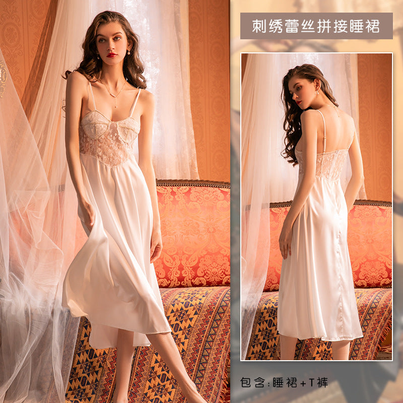 3034 Ying Autumn and Winter Sexy Push-up with Chest Pad Small Chest Pure Lace Sling Nightgown Women's Court Style Home