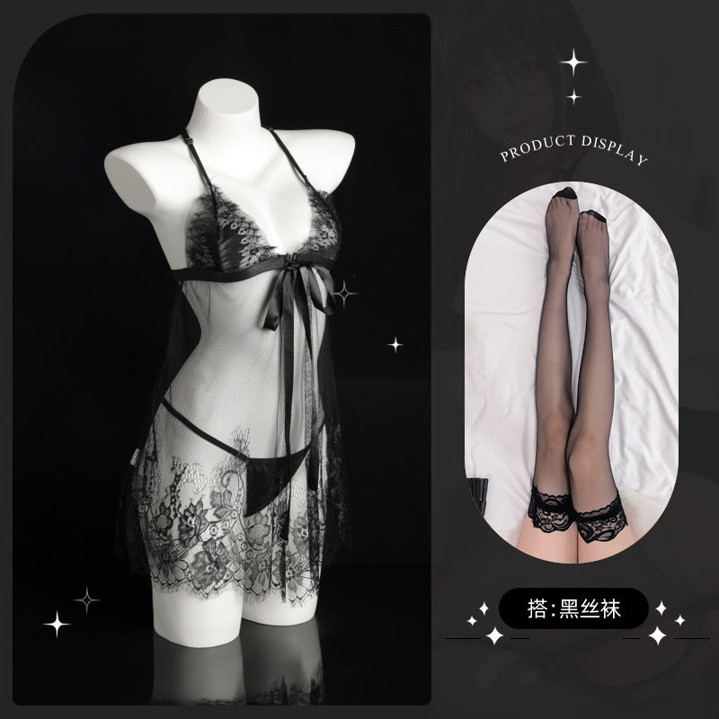 LS Sexy Underwear Sexy Eyelashes Lace Sling Pajamas Nightwear Perspective Temptation suit Home Clothes