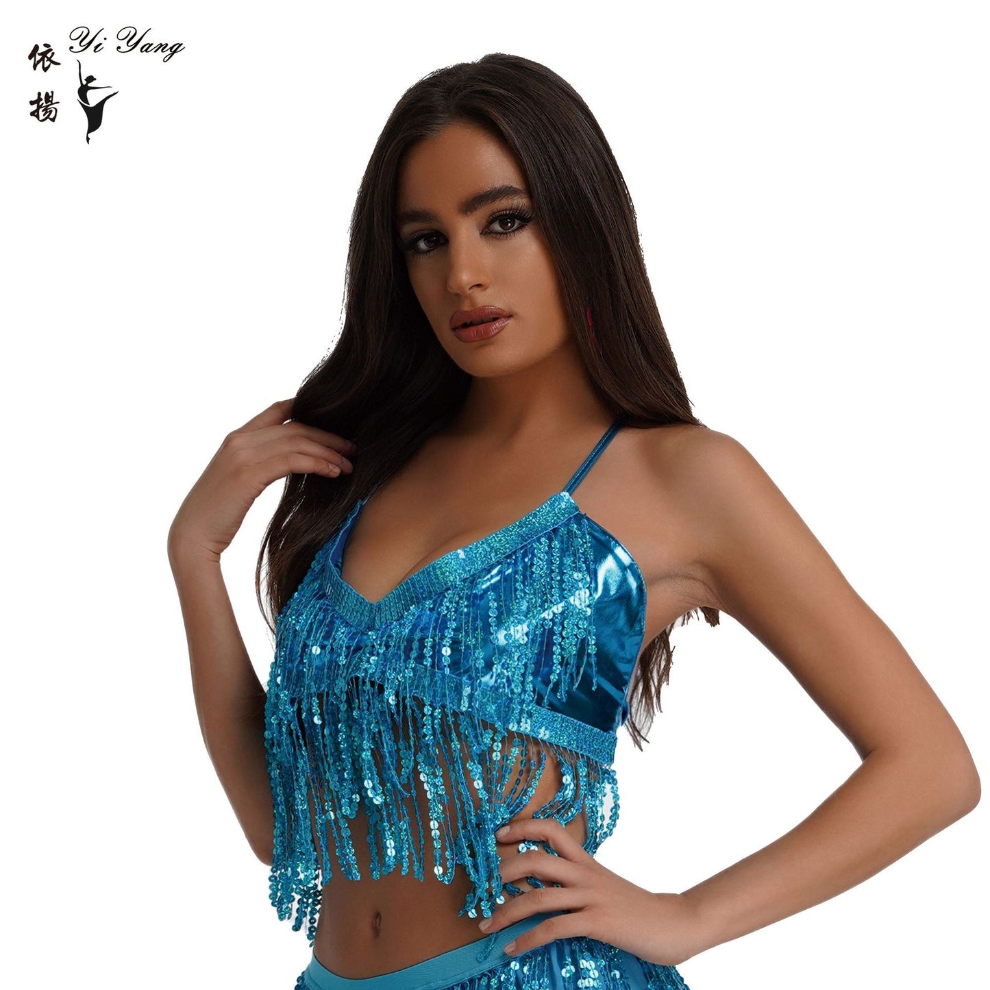 Halloween European and American sequined performance top belly dance tassel top nightclub stage strap party bra
