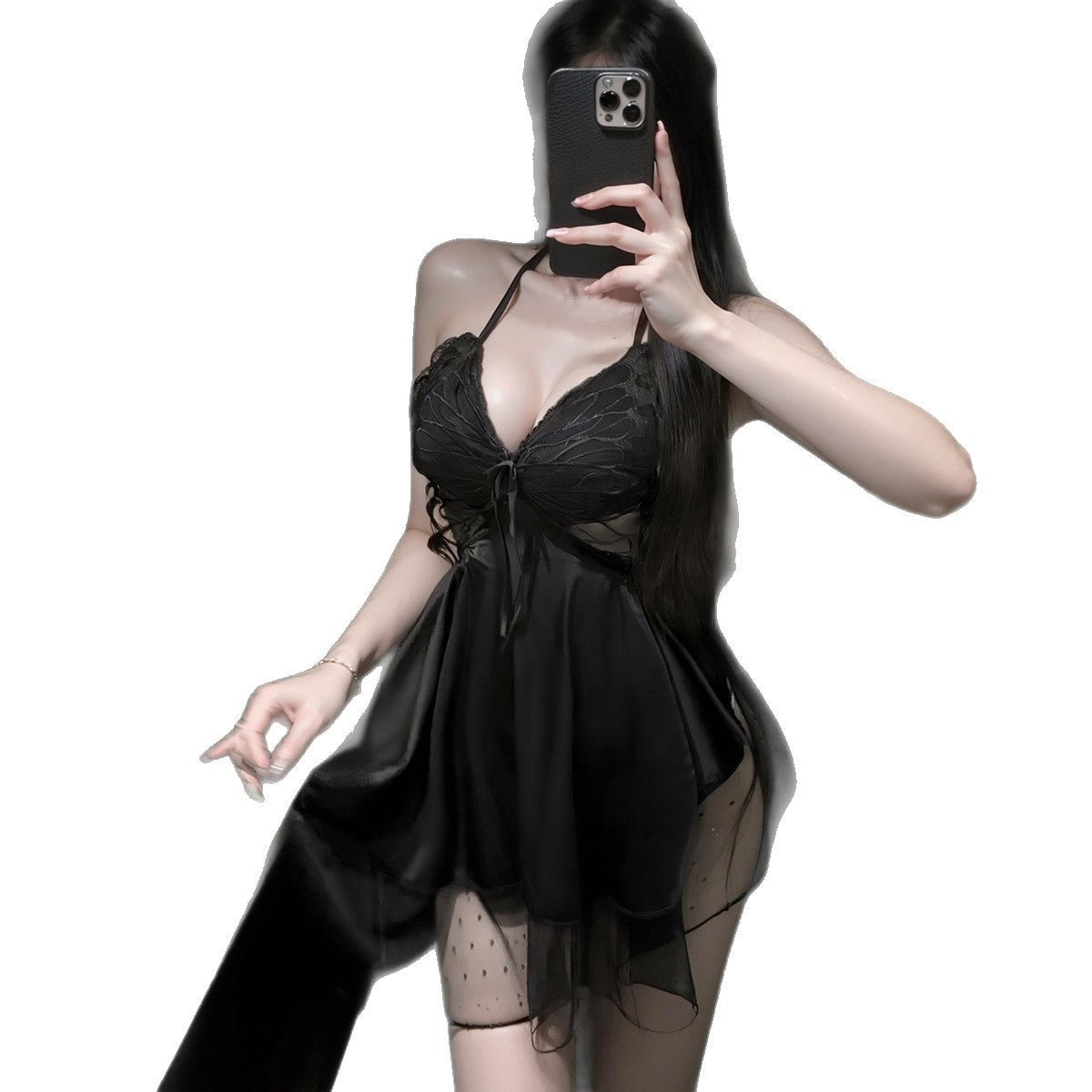 LS Sexy Lingerie Sexy Backless Home Clothes French Bow Push-Up Breast Pad Temptation Home Nightgown
