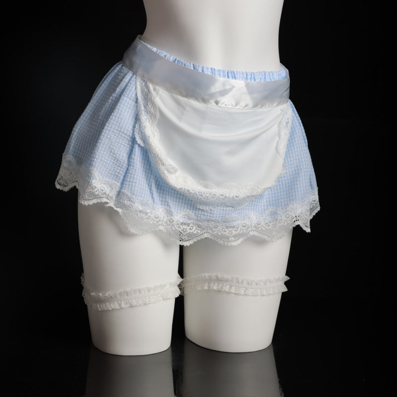 LS Sexy Lingerie Cosplay Plaid Maid Maid Uniform Pure Strap Apron Role Play