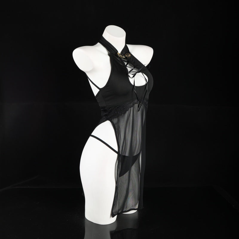 LS Sexy Lingerie Sexy Temptation One-Piece No-Take-Off Halter Cheongsam Passionate Hollow High-Slit Pajamas