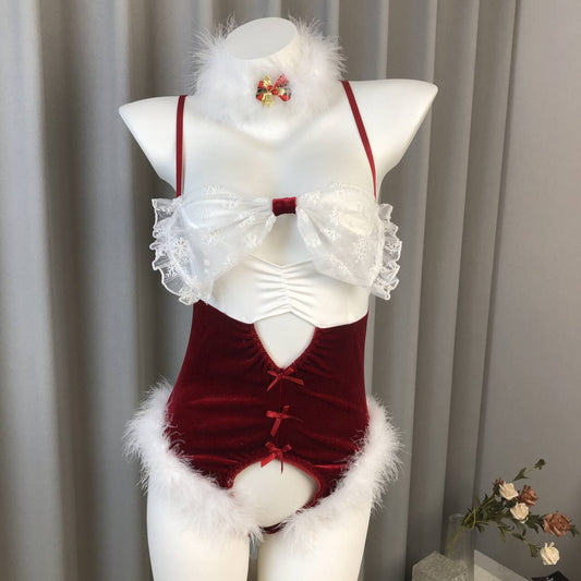 Sexy Lingerie Christmas Bunny Girl Party Sexy Suit Bow Pure Lust Open Crotch One-Piece Uniform Plush