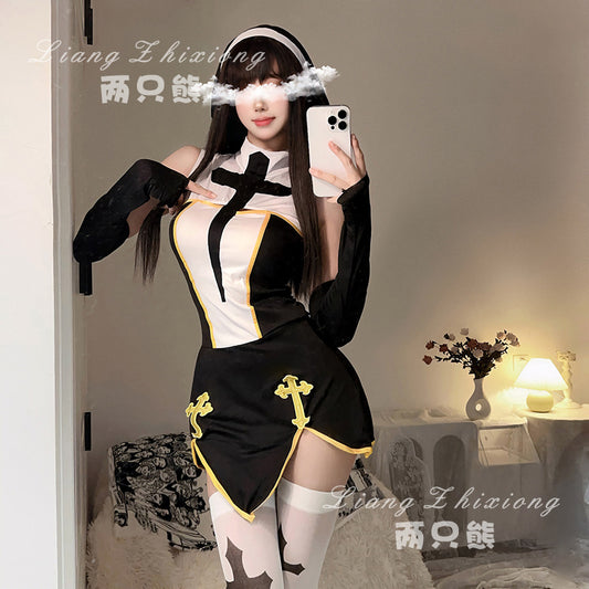 Halloween Costume Sex Game Uniform Cosplay Nun Costume Black and White Women's Dress Stage Performance Clothes