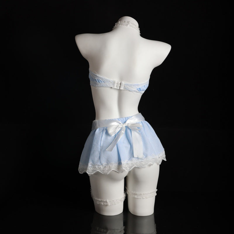 LS Sexy Lingerie Cosplay Plaid Maid Maid Uniform Pure Strap Apron Role Play