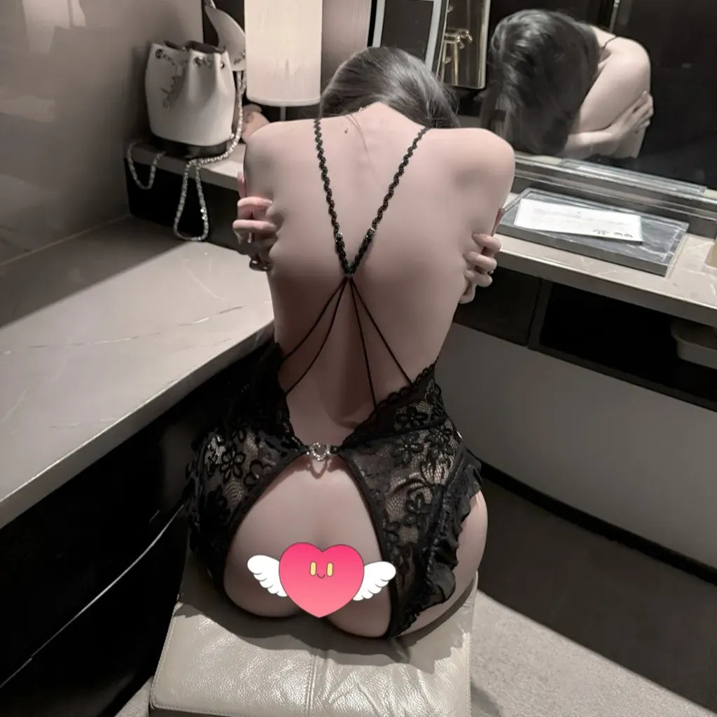 LS Sexy Lingerie Lace Temptation Pure Desire Sexy Open Crotch Jumpsuit Women's Bed-Free Robe Pajamas