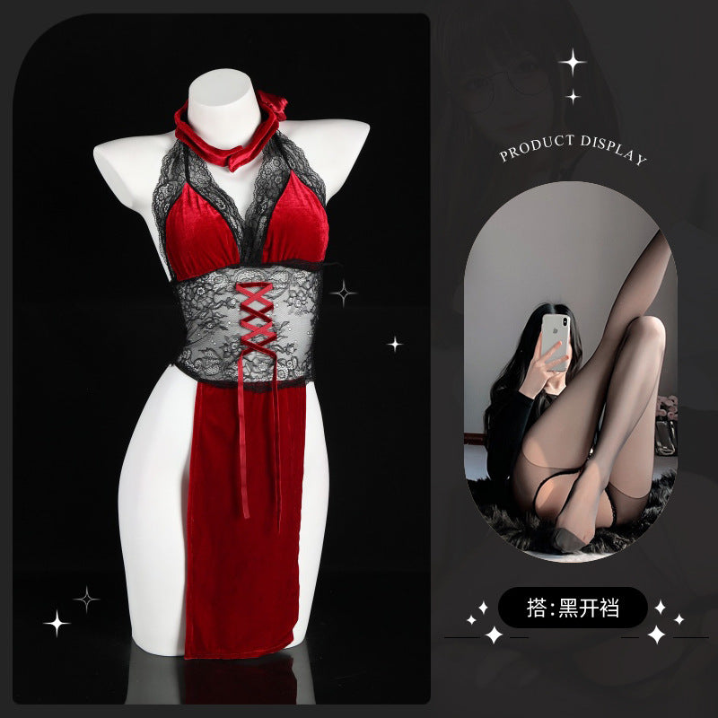 LS Sexy Underwear Lace Perspective Super Spicy Temptation High Waist Split Free Rose Dancer Cheongsam 9252