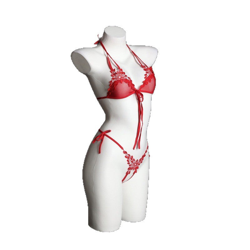 LS Sexy Underwear Feminine Three-Point Embroidered Flower Bikini Temptation Bra and Panty Set 9228