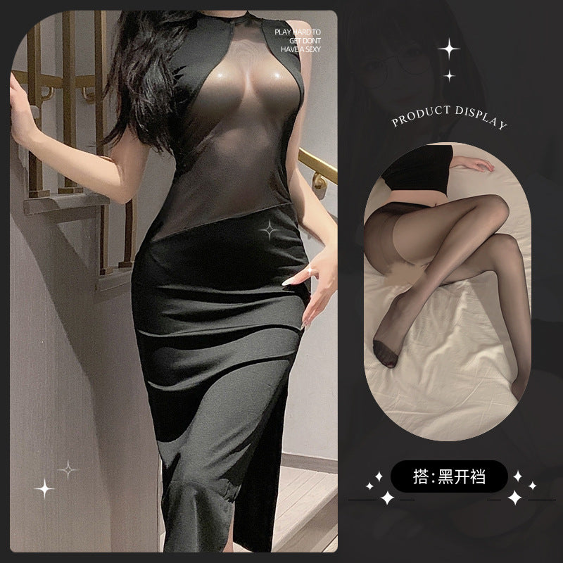LS Sexy Lingerie Nightclub Sexy Uniform Temptation See-Through Breast-Revealing Pajamas Pure Desire Dress 8011
