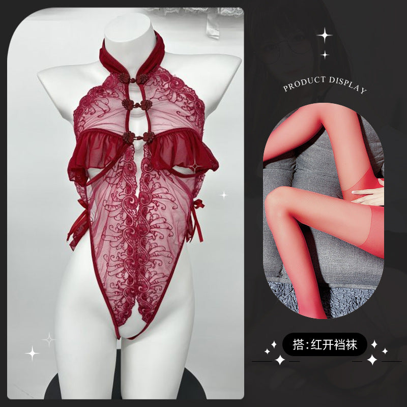 LS Sexy Lingerie Sexy Cheongsam Lace Pure Desire Temptation Open Nightgown Sweet Backless Uniform 8138
