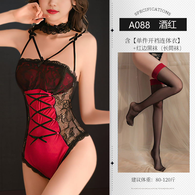 Sex lingerie sexy pure crotch jumpsuit hollow Christmas passion temptation role playing bunny suit