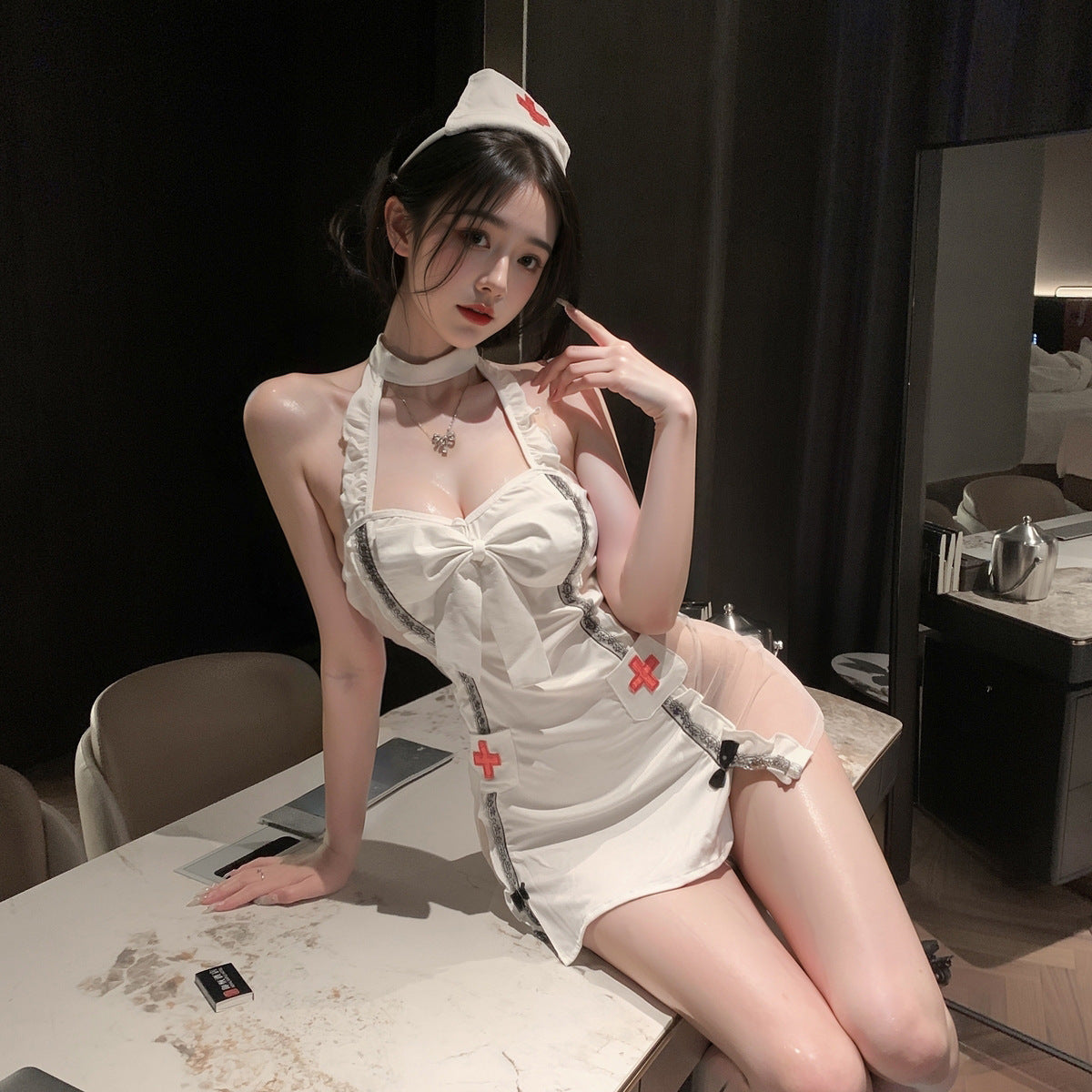 LS Sexy Lingerie Suspender Nurse Uniform Transparent Sexy Women's Uniform Suit Free of Taking Off Flirting Pajamas 8303