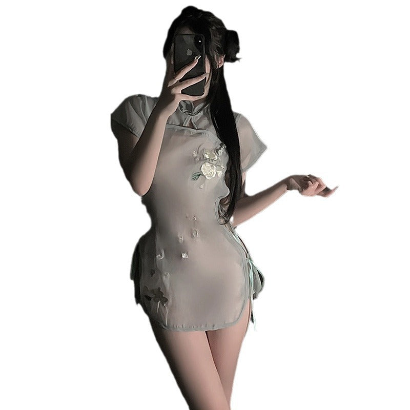 LS Pajamas suit Summer Women's Ice Silk Home Clothes Sexy Pajamas Antique Hanfu Cheongsam 8054