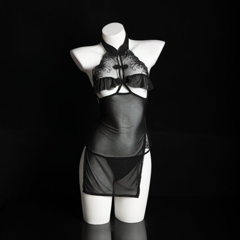 LS Sexy Lingerie Sexy Small Breasts Revealing Big Retro Cheongsam Uniform Perspective Temptation Breast Exposing Passion Suit