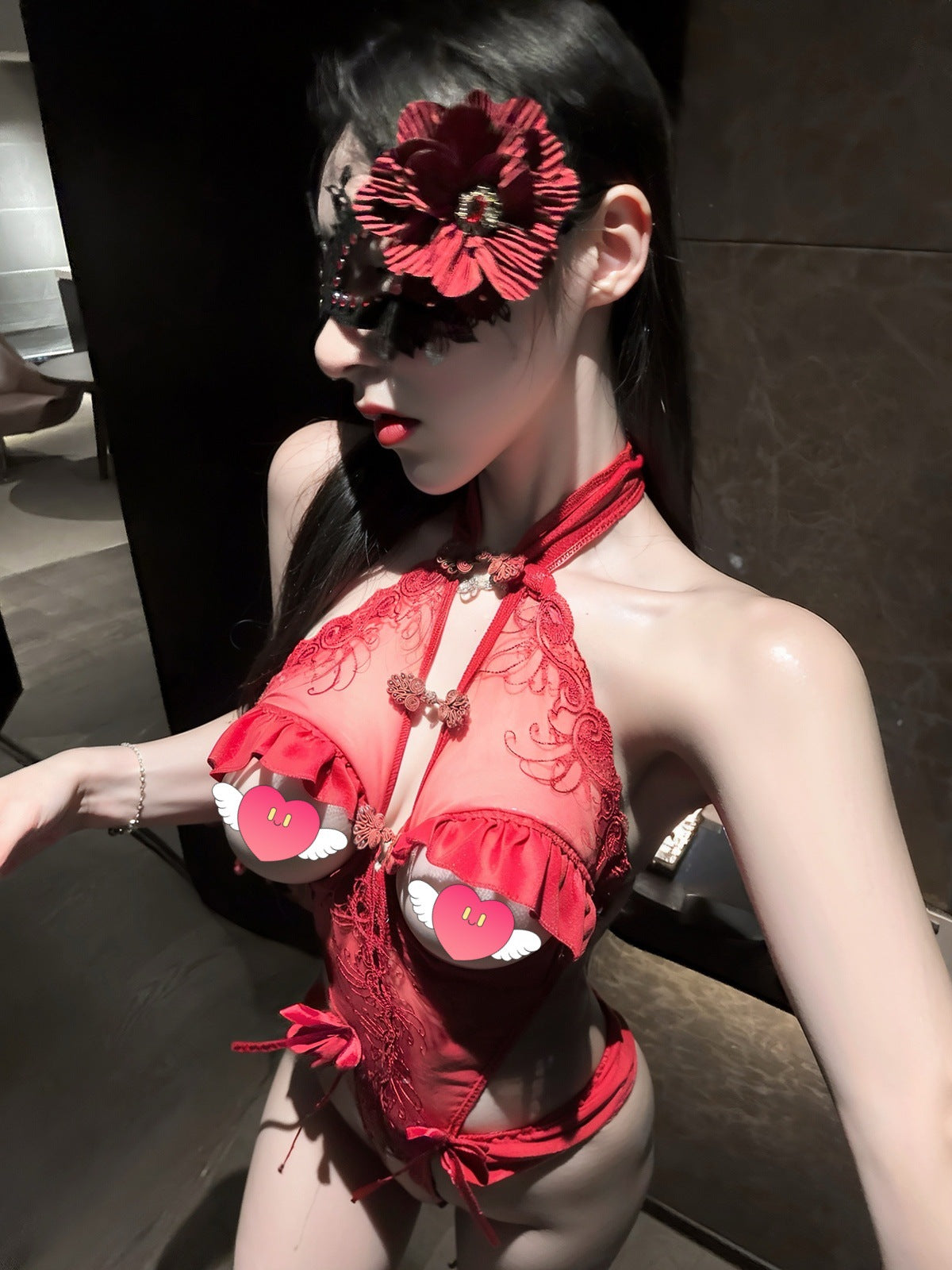 LS Sexy Lingerie Open-Cup Small Bust Uniform Sexy Bodysuit Women's Sleepwear Lace Temptation Cheongsam Hollow Out