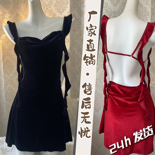 Ying New Style Sexy Pajamas Women's Velvet Backless Sling Belt Chest Pad Swing Collar Nightdress Pure Slim-fit Home Wearing