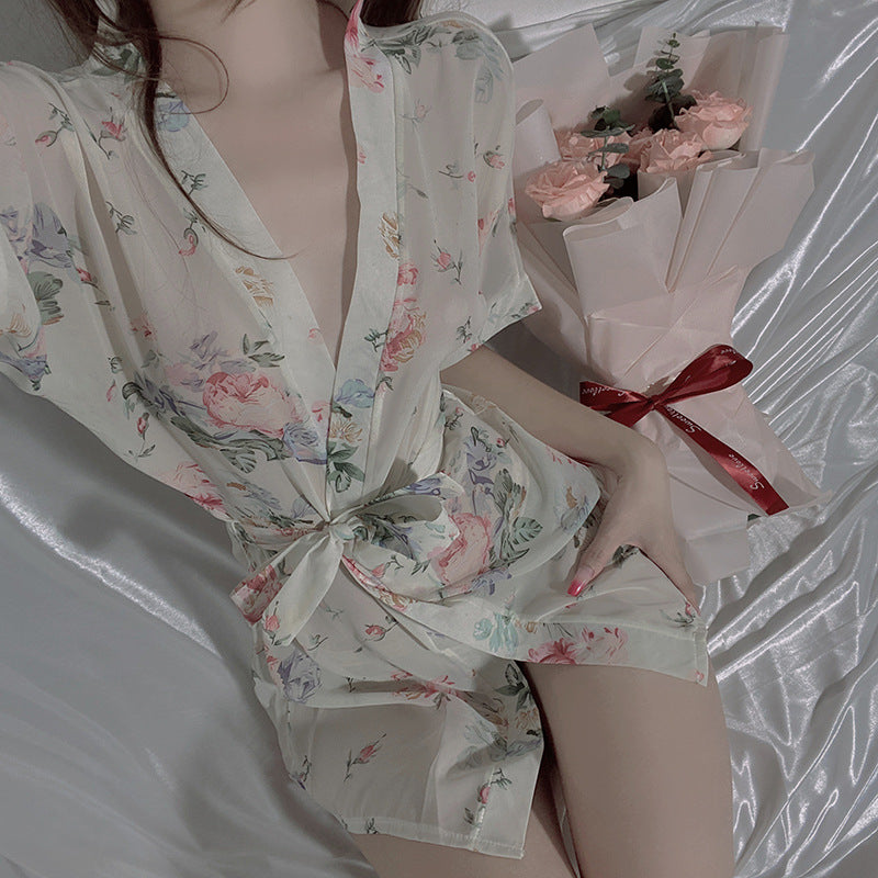 LS Sexy Lingerie Sexy Uniform Temptation Pajamas Pure Desire Japanese Style Cardigan Chiffon Bathrobe Pajamas 8007