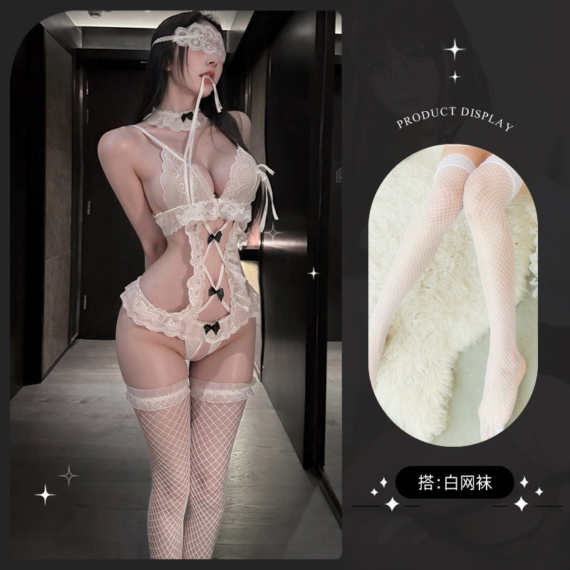 LS Sexy Lingerie Sexy Jumpsuit Pure Desire Lace Temptation Open Crotch Uniform Maid Outfit Flirting Pajamas