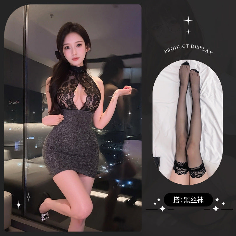 LS Sexy Underwear No-off Perspective Silk Excretion Nightclub Uniform Hip Skirt Adult Sexy Nightdress 8042
