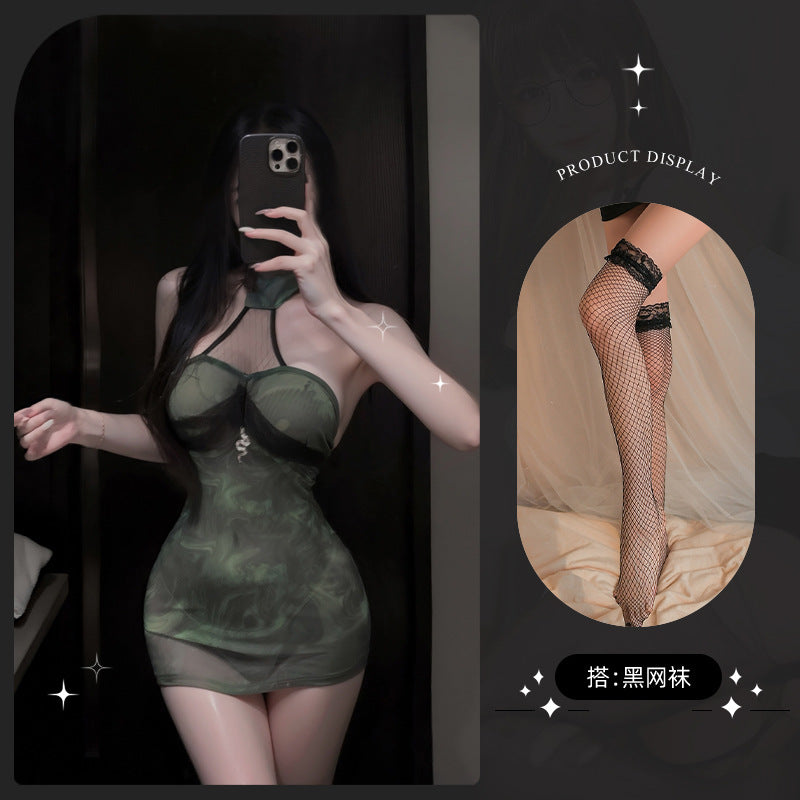LS Sexy Lingerie Sexy Halter Cheongsam Perspective Green Snake Hip Skirt Uniform Temptation Miniskirt 8185
