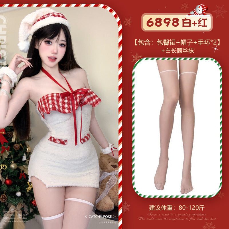 Sexy Hanging Neck off-Shoulder Tube-Shoulder Velvet Hip Dress Christmas Dress COS Halloween Sex Lingerie Christmas War Dress