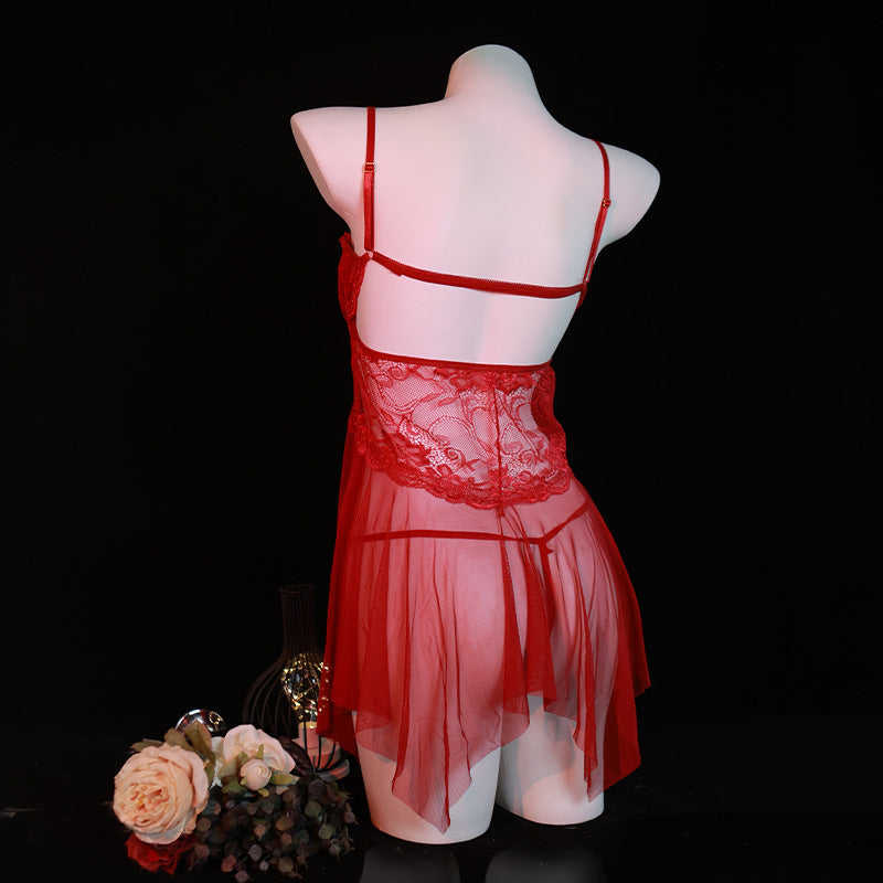 LS Sexy Lingerie Sexy Lace Temptation Nightgown Hot Transparent Open Nightgown No-Take-Off Nightgown 8021