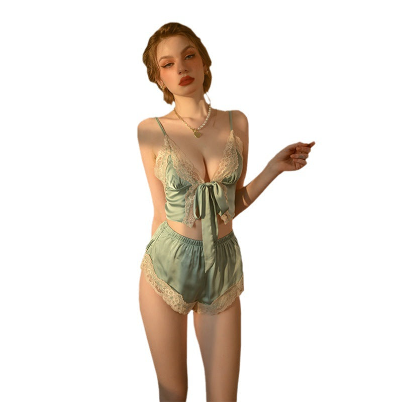 2318 Ying sexy pajamas women's summer ice silk condole belt nightgown lace perspective home clothing set a generation of hair