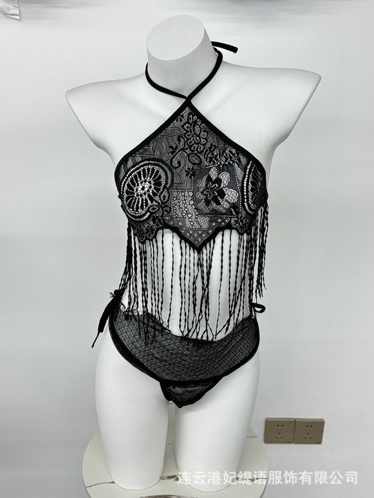 LS Sexy Lingerie Feminine Pure Desire Bellyband Tassel Open Crotch Temptation No-Take-Off Pajamas Three-Point See-Through Wear