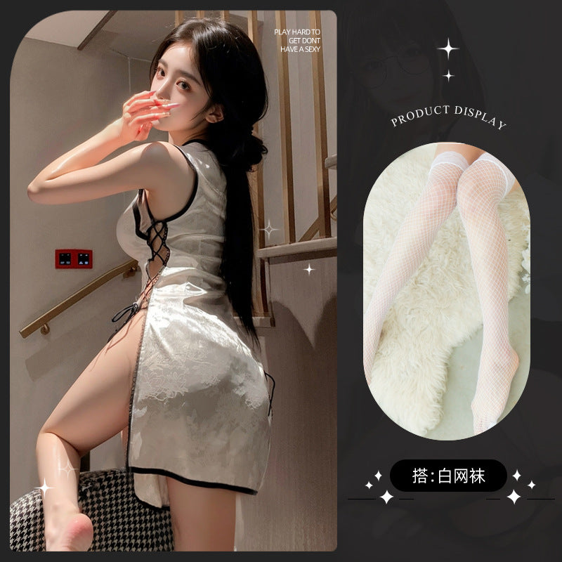 LS Sexy Vintage Jacquard Strap Cheongsam Uniform Temptation Perspective Sexy Lingerie Sexy Cheongsam 8134