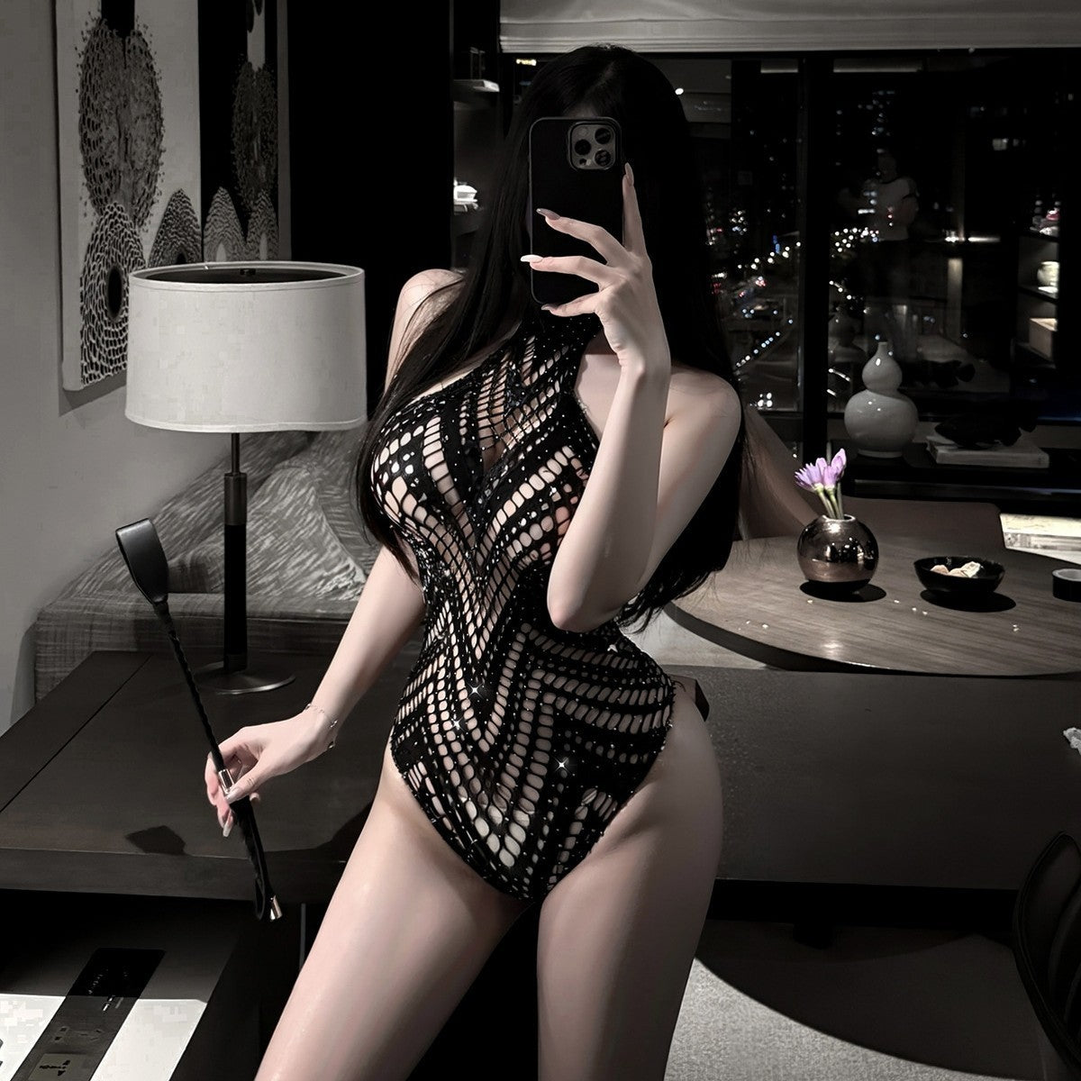 LS Sexy Lingerie See-Through Fishnet Stockings Sexy One-Piece Mesh Romper Internet Celebrity No-Take-Off Sexy Uniform Nightclub