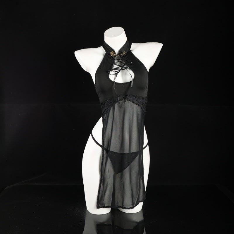 LS Sexy Lingerie Sexy Temptation One-Piece No-Take-Off Halter Cheongsam Passionate Hollow High-Slit Pajamas
