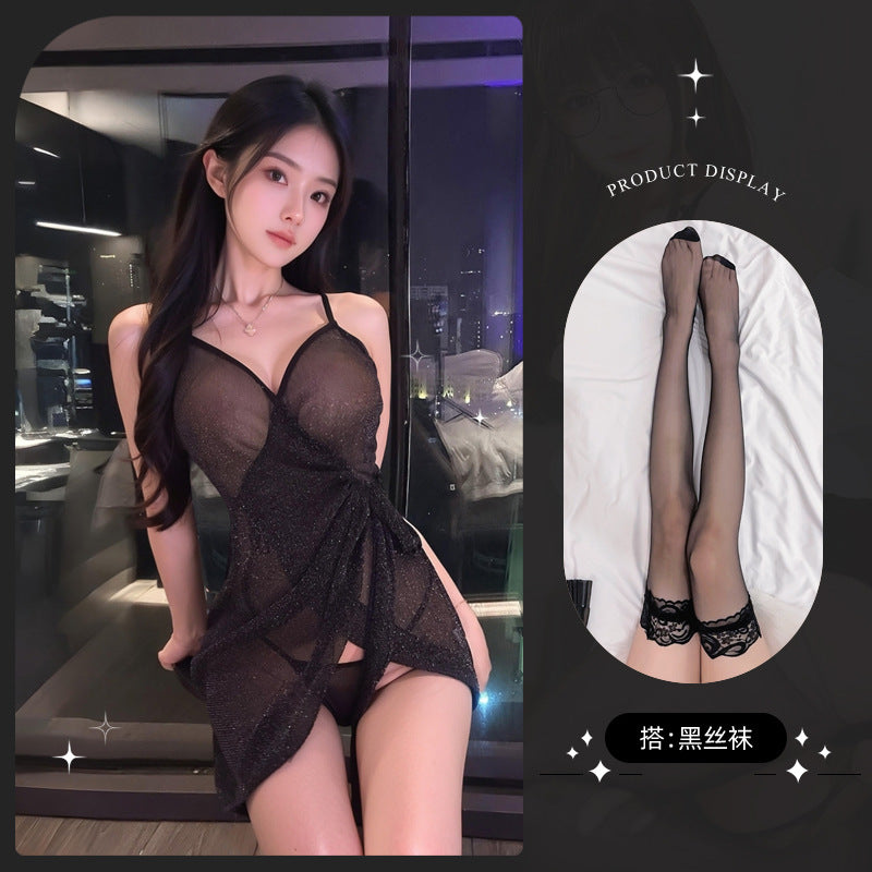 LS Couple Fun Underwear See-Through Sexy Lace-Up Silver Silk Hip Skirt Sexy Underwear Suspender Skirt 9273