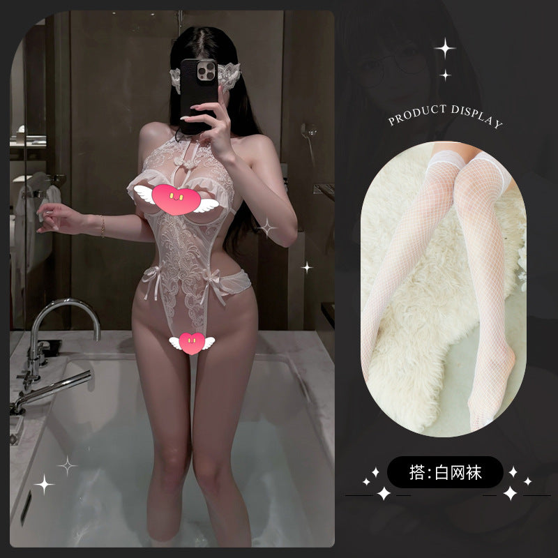 LS Sexy Lingerie Open-Cup Small Bust Uniform Sexy Bodysuit Women's Sleepwear Lace Temptation Cheongsam Hollow Out