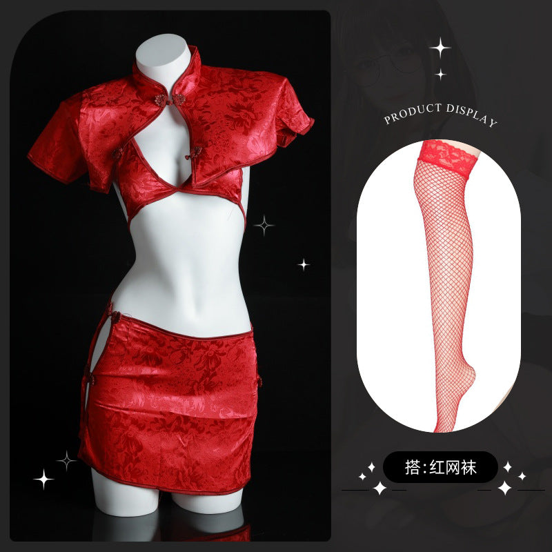 LS Sexy Lingerie Retro Jacquard Button Slit Cheongsam Style High-Slit Sexy Vintage Uniform 8202