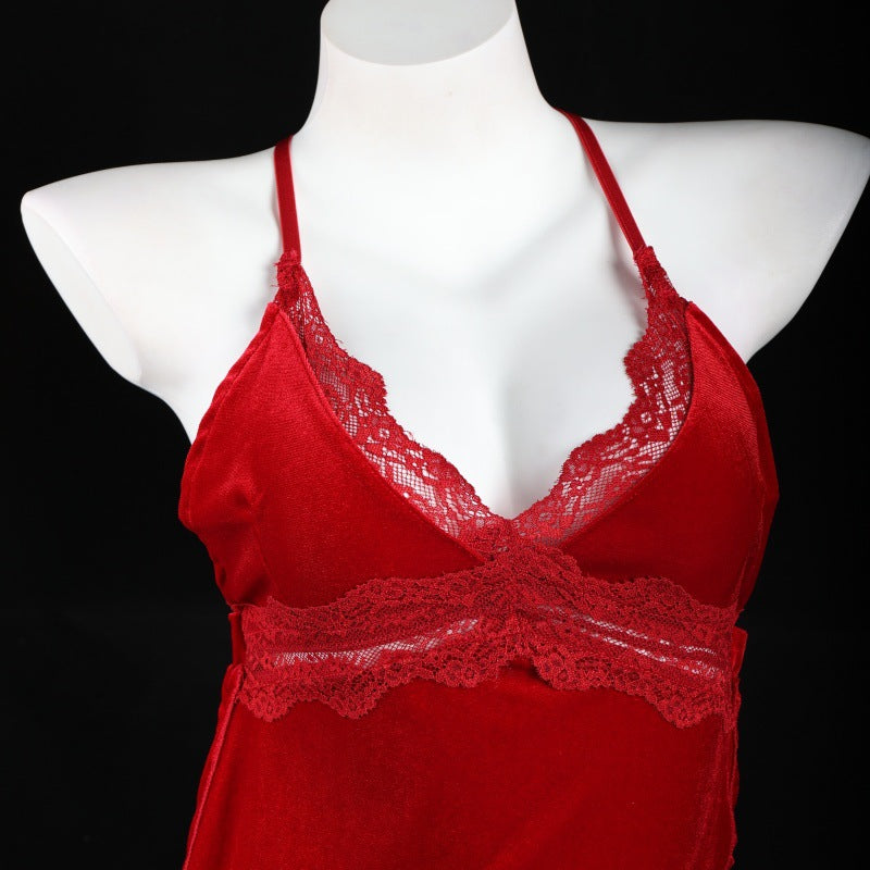 LS Retro French Sexy Lace Pajamas Women's Low Cut Pure Desire Velvet Backless Suspender Nightgown 8349