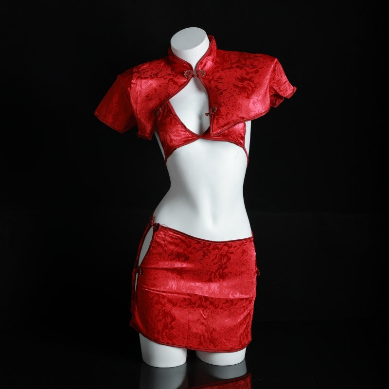 LS Sexy Lingerie Retro Jacquard Button Slit Cheongsam Style High-Slit Sexy Vintage Uniform 8202
