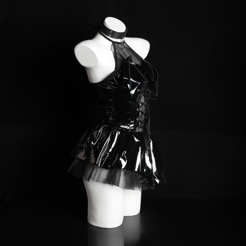 LS Sexy Lingerie Sexy Little Devil Female Black Free-Take-Off Patent Leather Uniform Temptation Dress 8082
