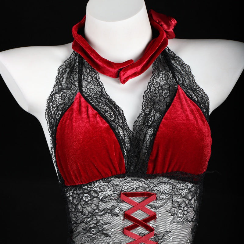 LS Sexy Underwear Lace Perspective Super Spicy Temptation High Waist Split Free Rose Dancer Cheongsam 9252