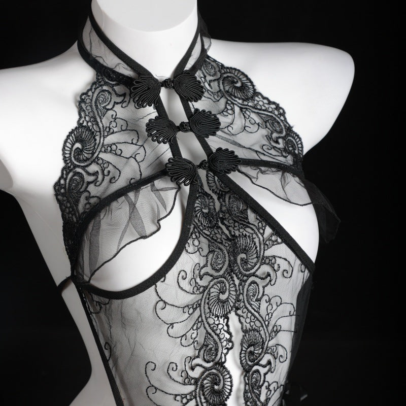 LS Sexy Lingerie Sexy Cheongsam Lace Pure Desire Temptation Open Nightgown Sweet Backless Uniform 8138