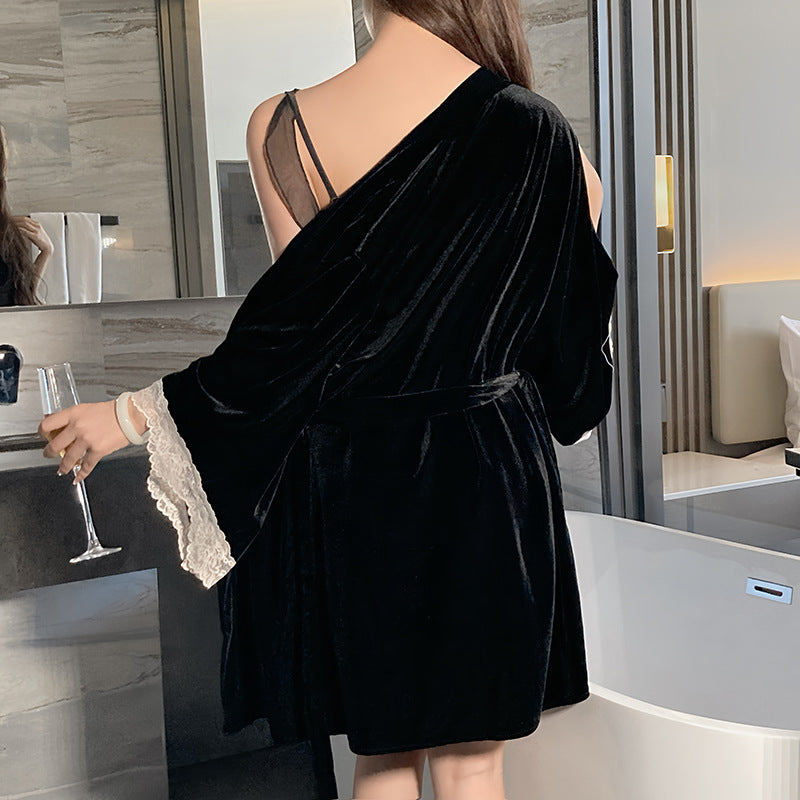 Ying New Style Celebrity Nightgown with Neck and Elegant High-grade off-shoulder dress Slimming Ruffled Short Skirt Home Clothes