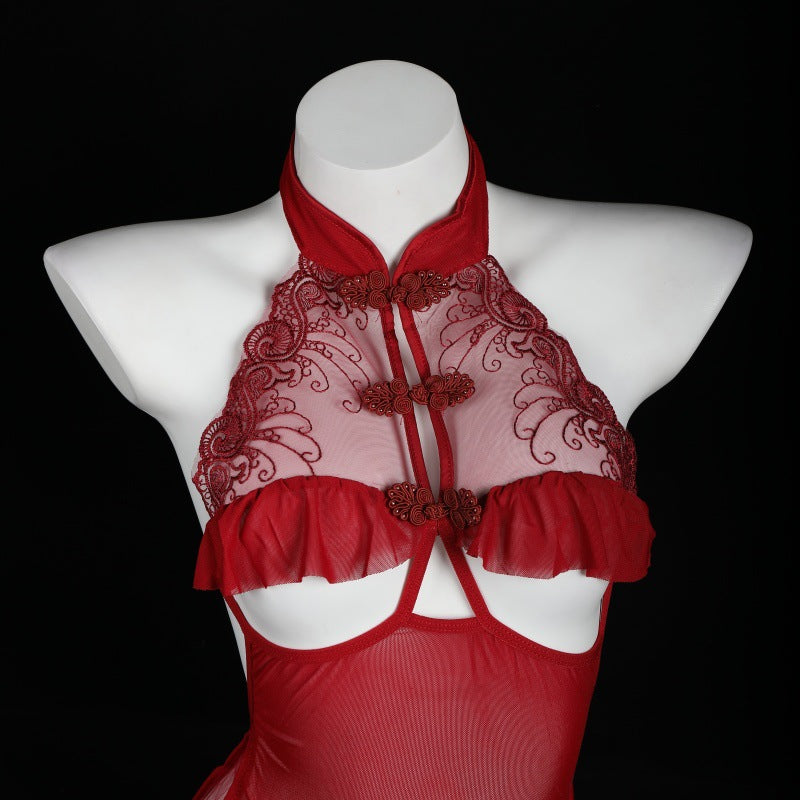 LS Sexy Lingerie Sexy Small Breasts Revealing Big Retro Cheongsam Uniform Perspective Temptation Breast Exposing Passion Suit