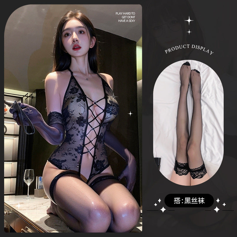 LS Sexy Lingerie Sexy Purple Lace Jumpsuit Small Breast Female Uniform Pure Desire Qqny Strap Suit
