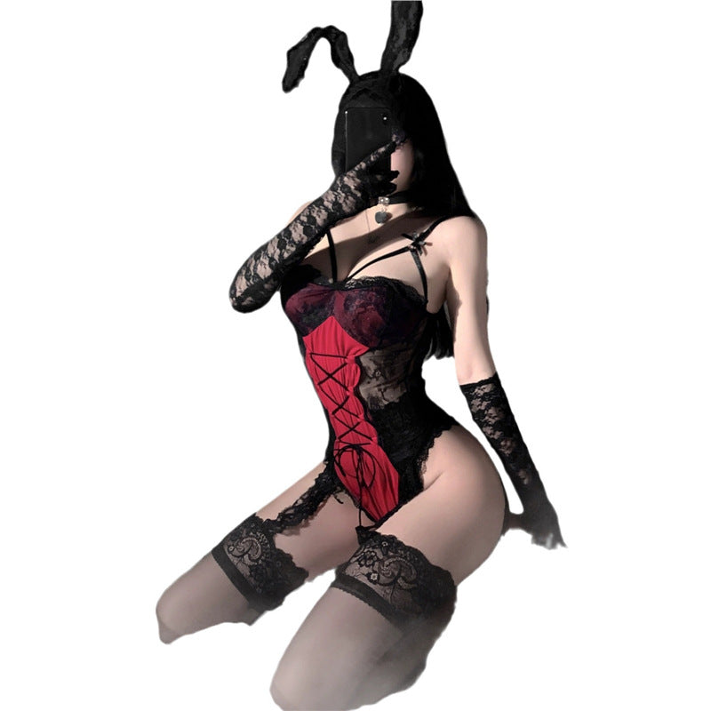 Sexy Lingerie Christmas Bunny Girl Cosplay Sexy See-Through Suspenders Hidden Button Open Jumpsuit Passion Uniform